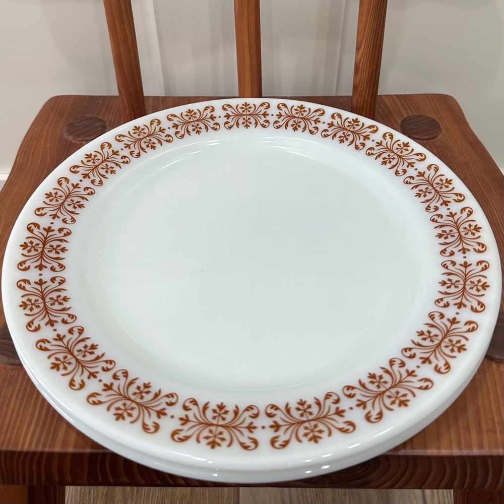Set of 2 Vintage Pyrex Tableware by Corning Dinner Plates Copper Filigree